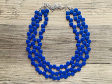 Load image into Gallery viewer, Royal Blue 3 Strand Statement Necklace, Chunky Jewelry Big Beaded Necklace, dark blue Necklace, geometric zig zag bubble round earrings