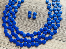 Load image into Gallery viewer, Royal Blue 3 Strand Statement Necklace, Chunky Jewelry Big Beaded Necklace, dark blue Necklace, geometric zig zag bubble round earrings