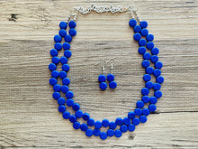 Load image into Gallery viewer, Royal Blue 2 Strand Statement Necklace, Chunky Jewelry Big Beaded Necklace, dark blue Necklace, geometric zig zag bubble round earrings