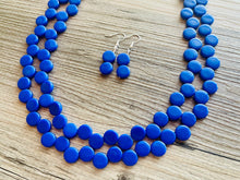Load image into Gallery viewer, Royal Blue 2 Strand Statement Necklace, Chunky Jewelry Big Beaded Necklace, dark blue Necklace, geometric zig zag bubble round earrings