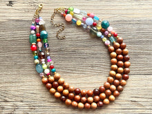 Load image into Gallery viewer, Statement Necklace, rainbow & wood triple strand chunky bib beaded jewelry, colorful bead necklace, thick textured rainbow statement
