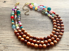 Load image into Gallery viewer, Statement Necklace, rainbow & wood triple strand chunky bib beaded jewelry, colorful bead necklace, thick textured rainbow statement
