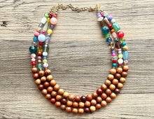 Load image into Gallery viewer, Statement Necklace, rainbow & wood triple strand chunky bib beaded jewelry, colorful bead necklace, thick textured rainbow statement