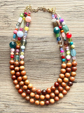 Load image into Gallery viewer, Statement Necklace, rainbow & wood triple strand chunky bib beaded jewelry, colorful bead necklace, thick textured rainbow statement