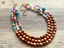Load image into Gallery viewer, Statement Necklace, rainbow & wood triple strand chunky bib beaded jewelry, colorful bead necklace, thick textured rainbow statement