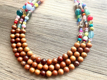 Load image into Gallery viewer, Statement Necklace, rainbow & wood triple strand chunky bib beaded jewelry, colorful bead necklace, thick textured rainbow statement