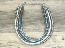 Load image into Gallery viewer, Gray Quartz statement necklace, chunky bib beaded jewelry 5 strand neutral necklace, wood multi strand wood, Traveler Collection