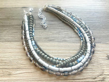 Load image into Gallery viewer, Gray Quartz statement necklace, chunky bib beaded jewelry 5 strand neutral necklace, wood multi strand wood, Traveler Collection