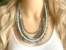 Load image into Gallery viewer, Gray Quartz statement necklace, chunky bib beaded jewelry 5 strand neutral necklace, wood multi strand wood, Traveler Collection
