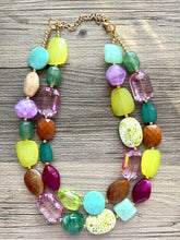 Load image into Gallery viewer, Fairy Garden chunky necklace, Green Purple Browns beaded jewelry, resin beaded necklace, gold purple lime turquoise champagne