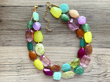 Load image into Gallery viewer, Fairy Garden chunky necklace, Green Purple Browns beaded jewelry, resin beaded necklace, gold purple lime turquoise champagne