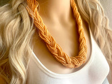 Load image into Gallery viewer, Braided Seed Bead Statement Necklace, Peach Orange long necklace, Chunky jewelry thick collar bib necklace, creamsicle beaded necklace