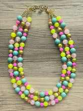 Load image into Gallery viewer, Lime Green & Pink Chunky Statement Necklace, Big beaded jewelry, 3 Strand gold Statement coral Bib necklace, green bridesmaid wedding