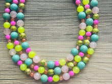Load image into Gallery viewer, Lime Green & Pink Chunky Statement Necklace, Big beaded jewelry, 3 Strand gold Statement coral Bib necklace, green bridesmaid wedding