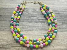 Load image into Gallery viewer, Lime Green & Pink Chunky Statement Necklace, Big beaded jewelry, 3 Strand gold Statement coral Bib necklace, green bridesmaid wedding