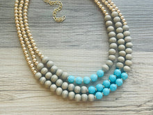 Load image into Gallery viewer, Blue turquoise statement necklace, chunky bib beaded jewelry light blue necklace, multi strand wood & gold, Traveler Collection