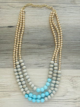 Load image into Gallery viewer, Blue turquoise statement necklace, chunky bib beaded jewelry light blue necklace, multi strand wood & gold, Traveler Collection