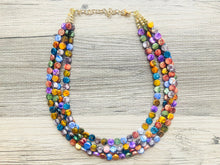 Load image into Gallery viewer, Fall Break Chunky Statement Necklace, gold bib necklace, purple gold blue gray brown necklace, wedding bridesmaid geometric champagne