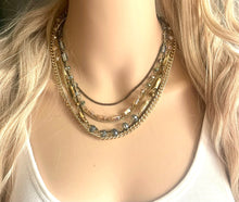 Load image into Gallery viewer, Rhinestone Fall 6 Layer Statement Necklace, gold crystal chunky necklace, statement jewelry, gemstone necklace, box chain beaded