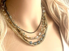 Load image into Gallery viewer, Rhinestone Fall 6 Layer Statement Necklace, gold crystal chunky necklace, statement jewelry, gemstone necklace, box chain beaded