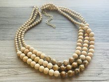 Load image into Gallery viewer, Brown Speckled statement necklace, chunky bib beaded jewelry chocolate necklace, multi strand wood & gold, Traveler Collection