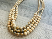 Load image into Gallery viewer, Brown Speckled statement necklace, chunky bib beaded jewelry chocolate necklace, multi strand wood & gold, Traveler Collection