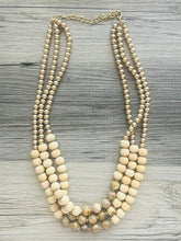 Load image into Gallery viewer, Brown Speckled statement necklace, chunky bib beaded jewelry chocolate necklace, multi strand wood & gold, Traveler Collection