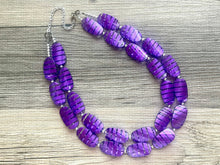 Load image into Gallery viewer, Deep Purple Double Strand statement necklace,  striped big beaded chunky jewelry translucent eggplant, dark purple jewelry