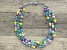 Load image into Gallery viewer, Helena’s Jeweled Chunky Statement Necklace, Big beaded jewelry, 3 Strand silver Statement pink lime Bib necklace, green bridesmaid wedding