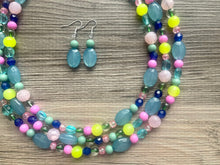 Load image into Gallery viewer, Helena’s Jeweled Chunky Statement Necklace, Big beaded jewelry, 3 Strand silver Statement pink lime Bib necklace, green bridesmaid wedding