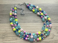 Load image into Gallery viewer, Helena’s Jeweled Chunky Statement Necklace, Big beaded jewelry, 3 Strand silver Statement pink lime Bib necklace, green bridesmaid wedding