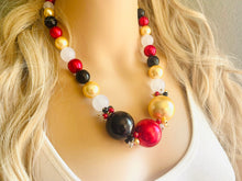 Load image into Gallery viewer, New Years Eve 1 Strand Statement Necklace, bib necklace, acrylic pearl necklace, gold black red white jewelry, single beaded long layering