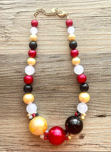 Load image into Gallery viewer, New Years Eve 1 Strand Statement Necklace, bib necklace, acrylic pearl necklace, gold black red white jewelry, single beaded long layering