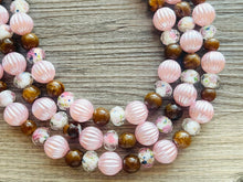 Load image into Gallery viewer, Blush Pink & Rose statement necklace, chunky bib necklace, beaded jewelry brown neutral necklace, 3 strand magenta jewelry baby pink