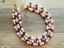Load image into Gallery viewer, Blush Pink & Rose statement necklace, chunky bib necklace, beaded jewelry brown neutral necklace, 3 strand magenta jewelry baby pink