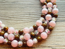 Load image into Gallery viewer, Blush Pink & Rose statement necklace, chunky bib necklace, beaded jewelry brown neutral necklace, 3 strand magenta jewelry baby pink