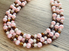 Load image into Gallery viewer, Blush Pink & Rose statement necklace, chunky bib necklace, beaded jewelry brown neutral necklace, 3 strand magenta jewelry baby pink