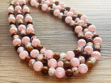 Load image into Gallery viewer, Blush Pink & Rose statement necklace, chunky bib necklace, beaded jewelry brown neutral necklace, 3 strand magenta jewelry baby pink