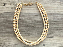 Load image into Gallery viewer, Birch Wood 3 Strand Beaded Necklace, vintage tan brown Jewelry Chunky statement necklace, big beaded necklace geometric boho