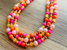 Load image into Gallery viewer, Summer Camp 3 Strand Orange Ombré Statement Necklace, orange beaded jewelry bridesmaid, pumpkin tie dye hot pink yellow earrings