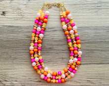 Load image into Gallery viewer, Summer Camp 3 Strand Orange Ombré Statement Necklace, orange beaded jewelry bridesmaid, pumpkin tie dye hot pink yellow earrings