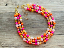 Load image into Gallery viewer, Summer Camp 3 Strand Orange Ombré Statement Necklace, orange beaded jewelry bridesmaid, pumpkin tie dye hot pink yellow earrings