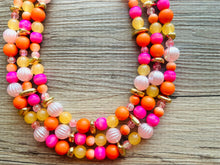 Load image into Gallery viewer, Summer Camp 3 Strand Orange Ombré Statement Necklace, orange beaded jewelry bridesmaid, pumpkin tie dye hot pink yellow earrings