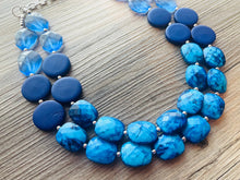 Load image into Gallery viewer, Beauty Beach Necklace, multi strand jewelry, big beaded chunky statement necklace, blue clear resin chambray, navy wood bridesmaid earrings