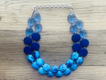 Load image into Gallery viewer, Beauty Beach Necklace, multi strand jewelry, big beaded chunky statement necklace, blue clear resin chambray, navy wood bridesmaid earrings