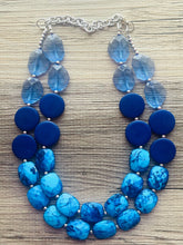 Load image into Gallery viewer, Beauty Beach Necklace, multi strand jewelry, big beaded chunky statement necklace, blue clear resin chambray, navy wood bridesmaid earrings