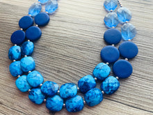Load image into Gallery viewer, Beauty Beach Necklace, multi strand jewelry, big beaded chunky statement necklace, blue clear resin chambray, navy wood bridesmaid earrings
