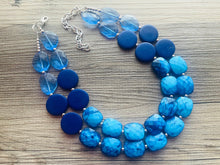 Load image into Gallery viewer, Beauty Beach Necklace, multi strand jewelry, big beaded chunky statement necklace, blue clear resin chambray, navy wood bridesmaid earrings