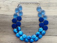 Load image into Gallery viewer, Beauty Beach Necklace, multi strand jewelry, big beaded chunky statement necklace, blue clear resin chambray, navy wood bridesmaid earrings