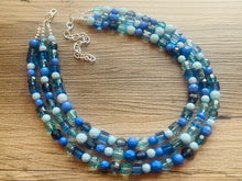 Load image into Gallery viewer, Port side Blue Ombré Chunky Statement Necklace, multi Strand Beaded Jewelry, dark blue jewelry, 3 strand chunky bib mint green